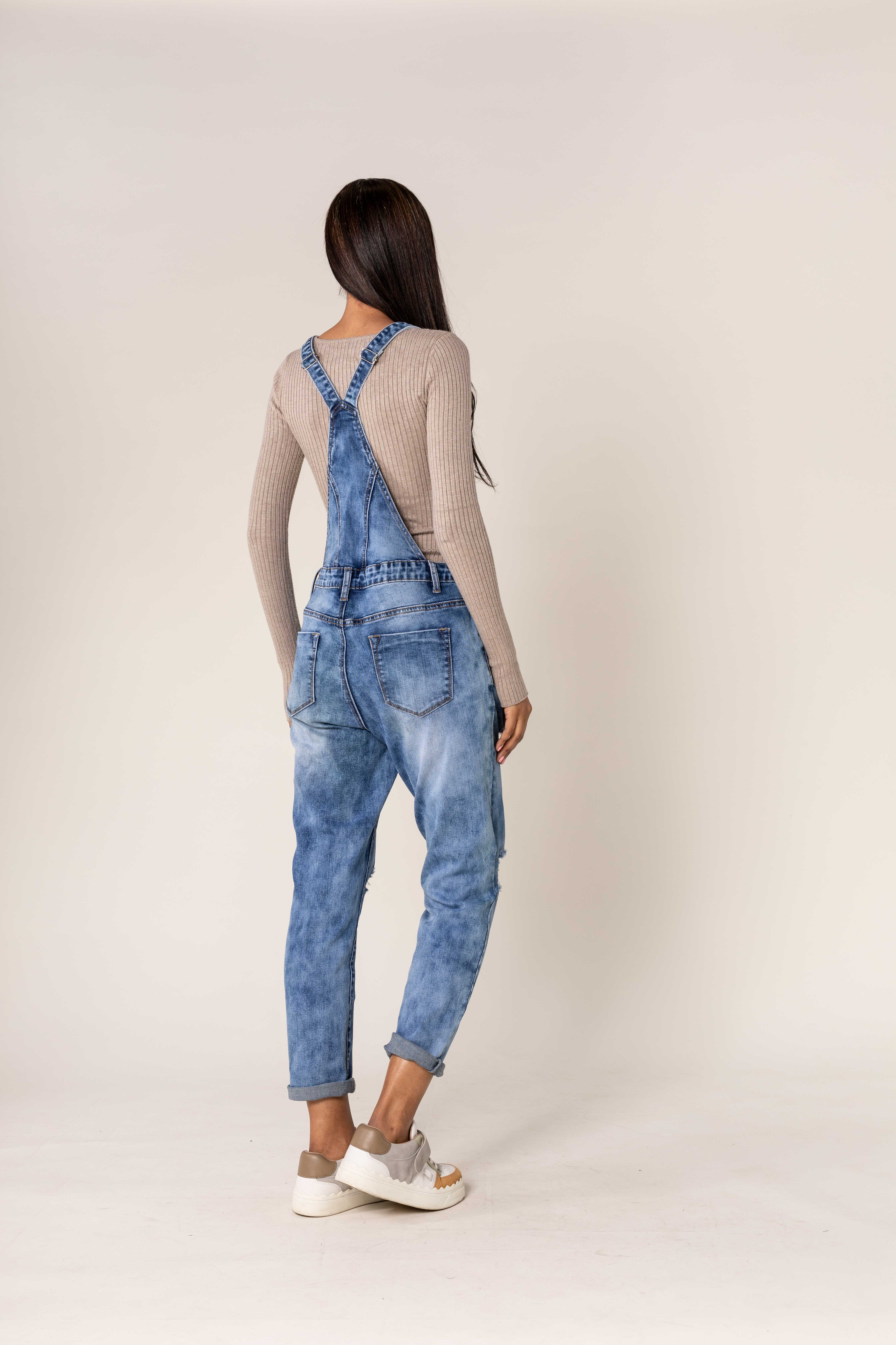 Nina Carter - Wholesale Overalls - Women's - Destroy denim overalls in wide stretch boyfriend jeans S5353