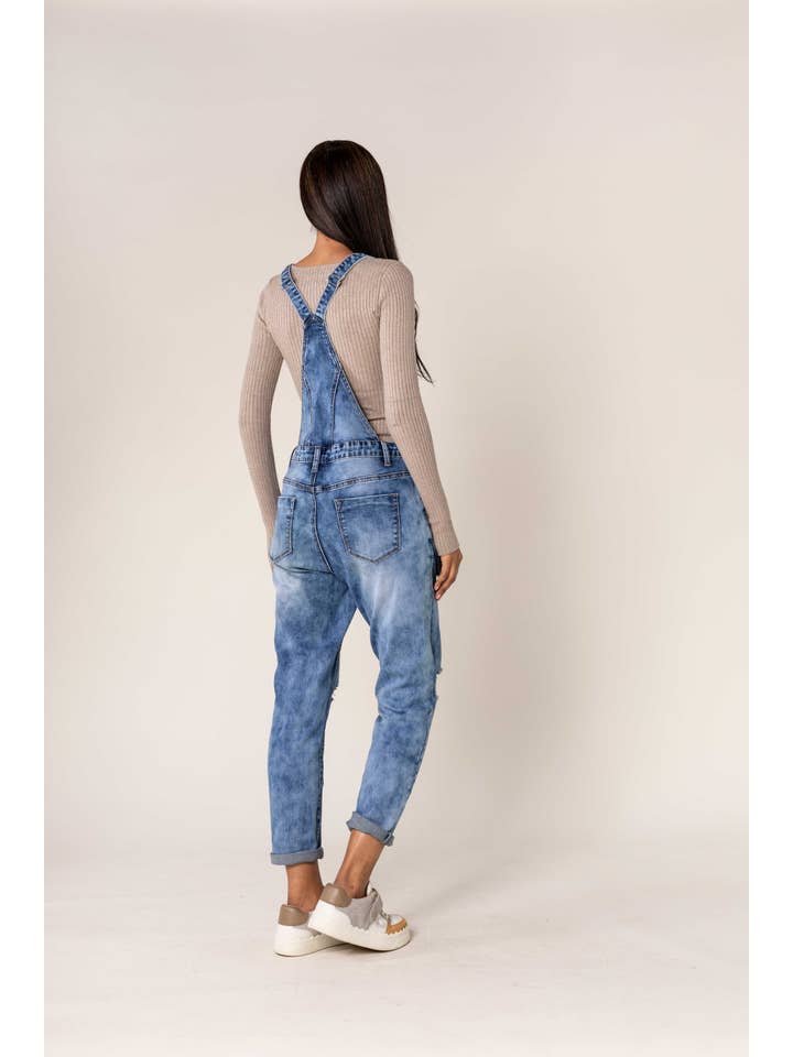 Nina Carter - Wholesale Overalls - Women's - Destroy denim overalls in wide stretch boyfriend jeans S5353