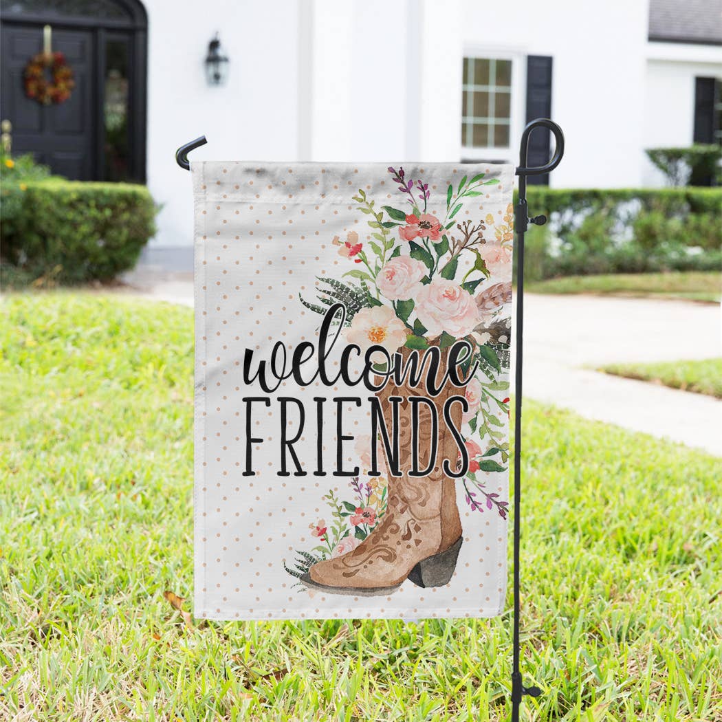 Boutique Monogram - Wholesale Flag - Garden Flag - Welcome Friends Cowboy Boot with Flowers