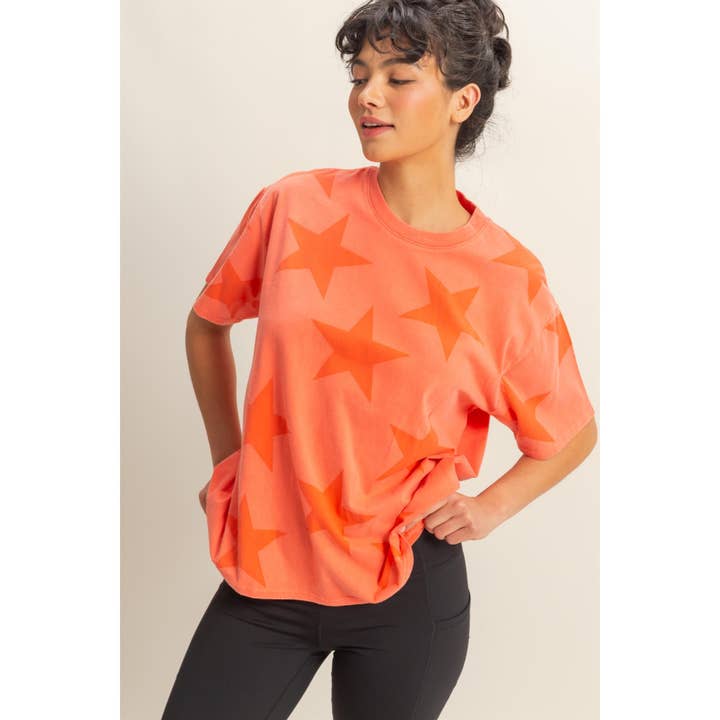 HYFVE - Wholesale Shirt - Women's - DZ25E235-Washed Star Pattern Short Sleeve Tee