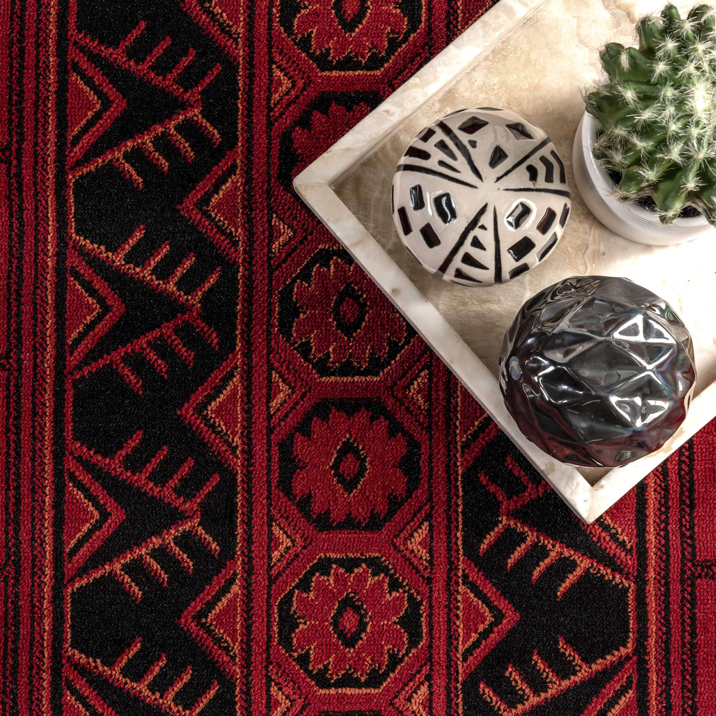 Red Billie Traditional Paneled Fringe Area Rug for wholesale on Faire4