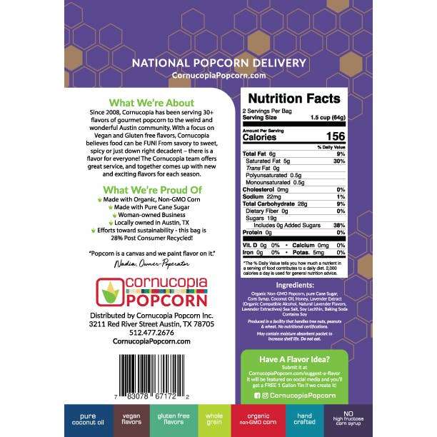 Cornucopia Popcorn - Wholesale Popcorn - Honey Lavender Signature Bag- Spring Flavor 10 pk2