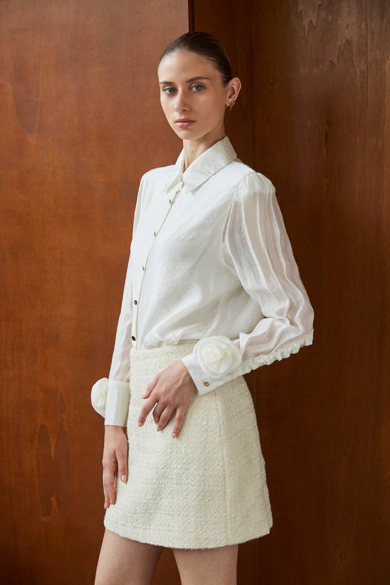 ELLI WHITE - Wholesale Button Down Shirt - Women's - Long-sleeved blouse with floral cuffs3