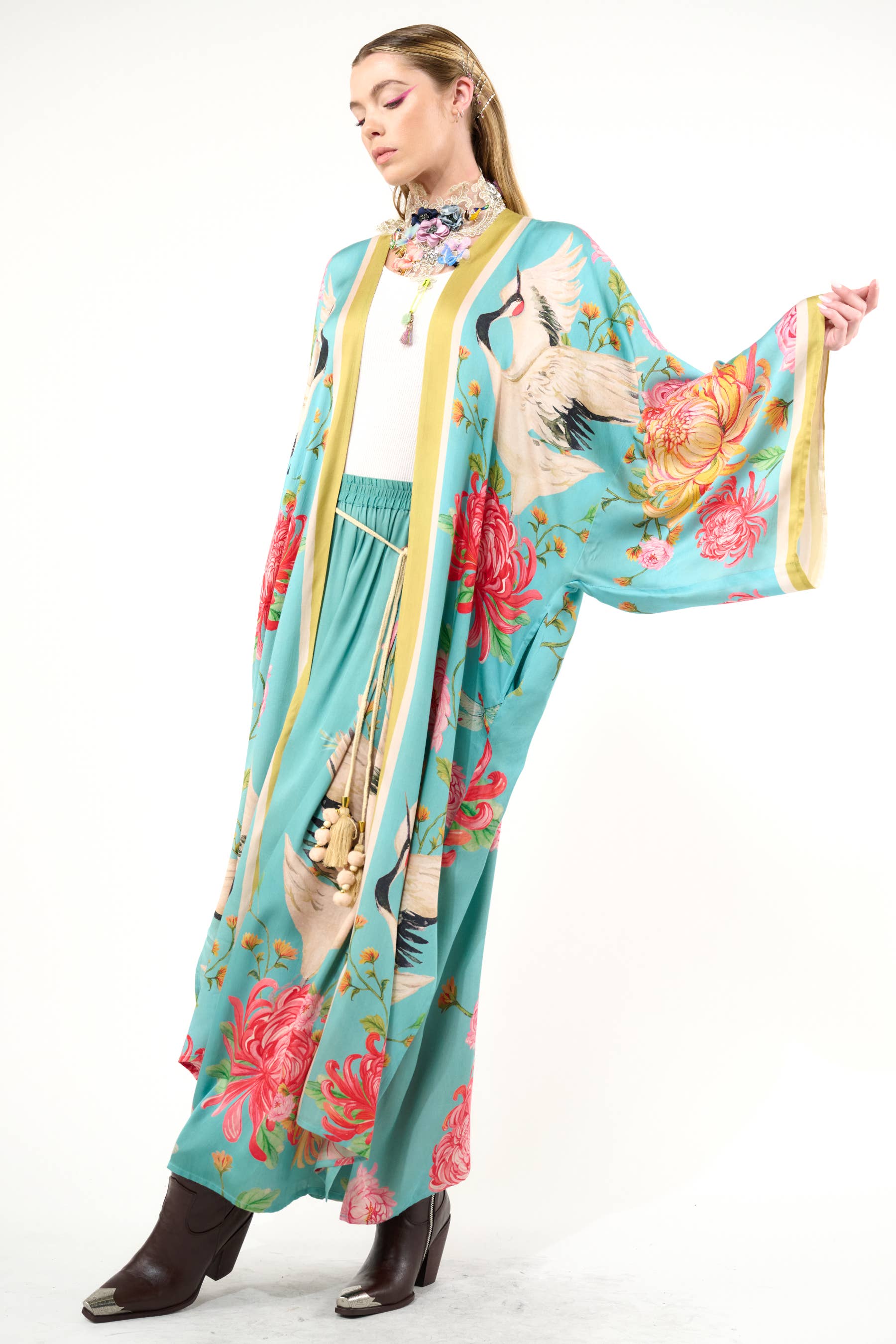 Vintage smaragd De Legende van de Kraanvogel Maxi Kimono / Topper voor groothandel op Faire8