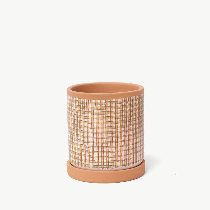 Casa Atlântica - Wholesale Plant Pot - Moss green and pumpkin checkered pot with saucer1