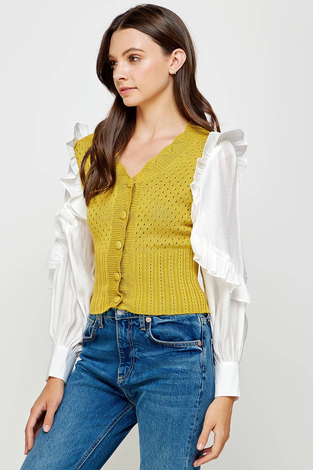 Strut & Bolt - Wholesale Knit Sweater - Women's - Mixed Fabric Ruffled Sleeve Crochet Knit Sweater14