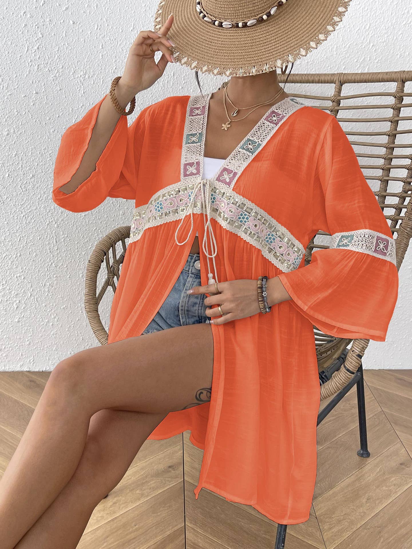 Rosa Clothing - Vente Cache-maillot – femme - Cache-maillot de plage en dentelle brodée patchwork7