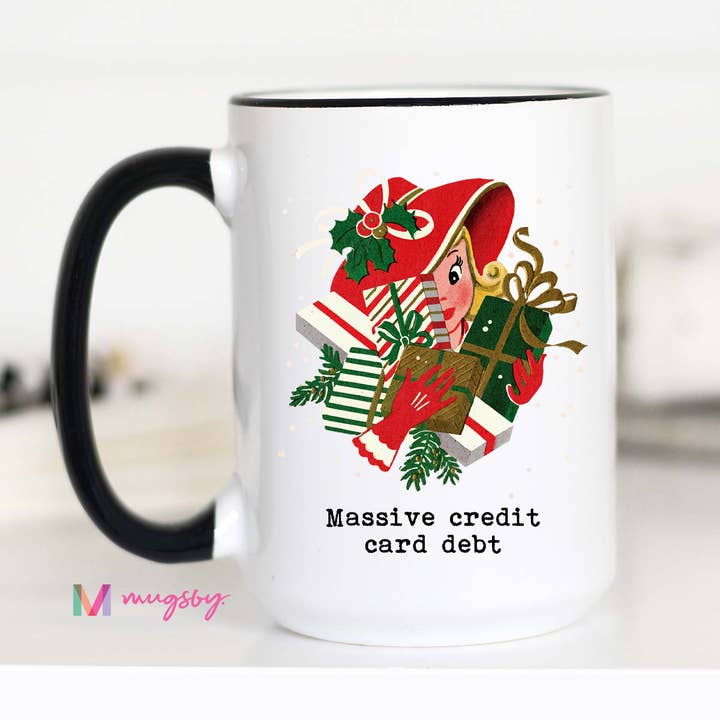 Tasse Vintage Drôle de Noël Dette Massive de Carte de Crédit pour la vente par Mugsby