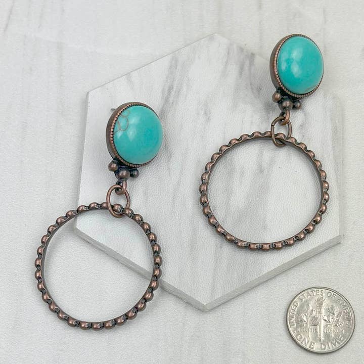ERZ231205-96 Boucles d'oreilles Cercle en métal cuivré avec pierre bleue turquoise pour la vente par Western Elite Jewelry