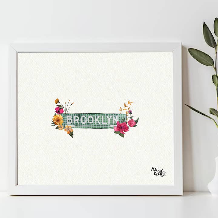 Brooklyn Subway Sign and Florals Art Print for wholesale by Maggie Beckett Studio
