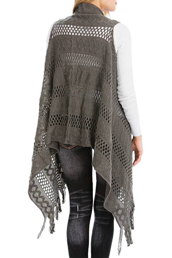 Cap Zone - Vendita all'ingrosso Gilè imbottito - Donna - Gilet lungo cardigan lavorato a maglia con frange lavorate all'uncinetto2