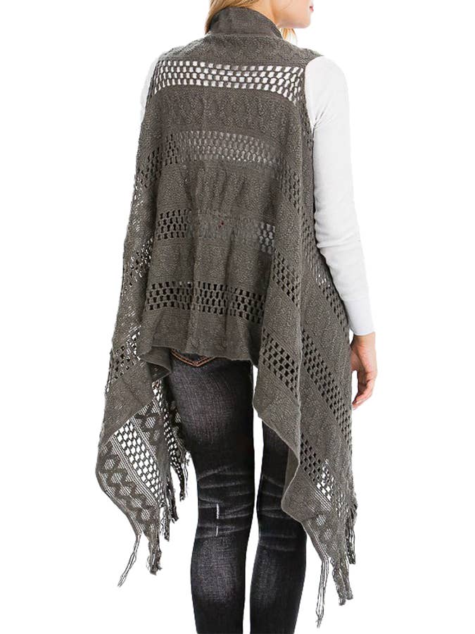 Cap Zone – Colete - Mulher por atacado – Cabo Crochet malha franja guarnição Cardigan Long Vest15