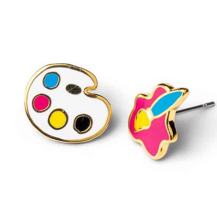 Paint Brush & Palette Earrings - Gold Artsy Statement Studs for wholesale by Yellow Owl Workshop