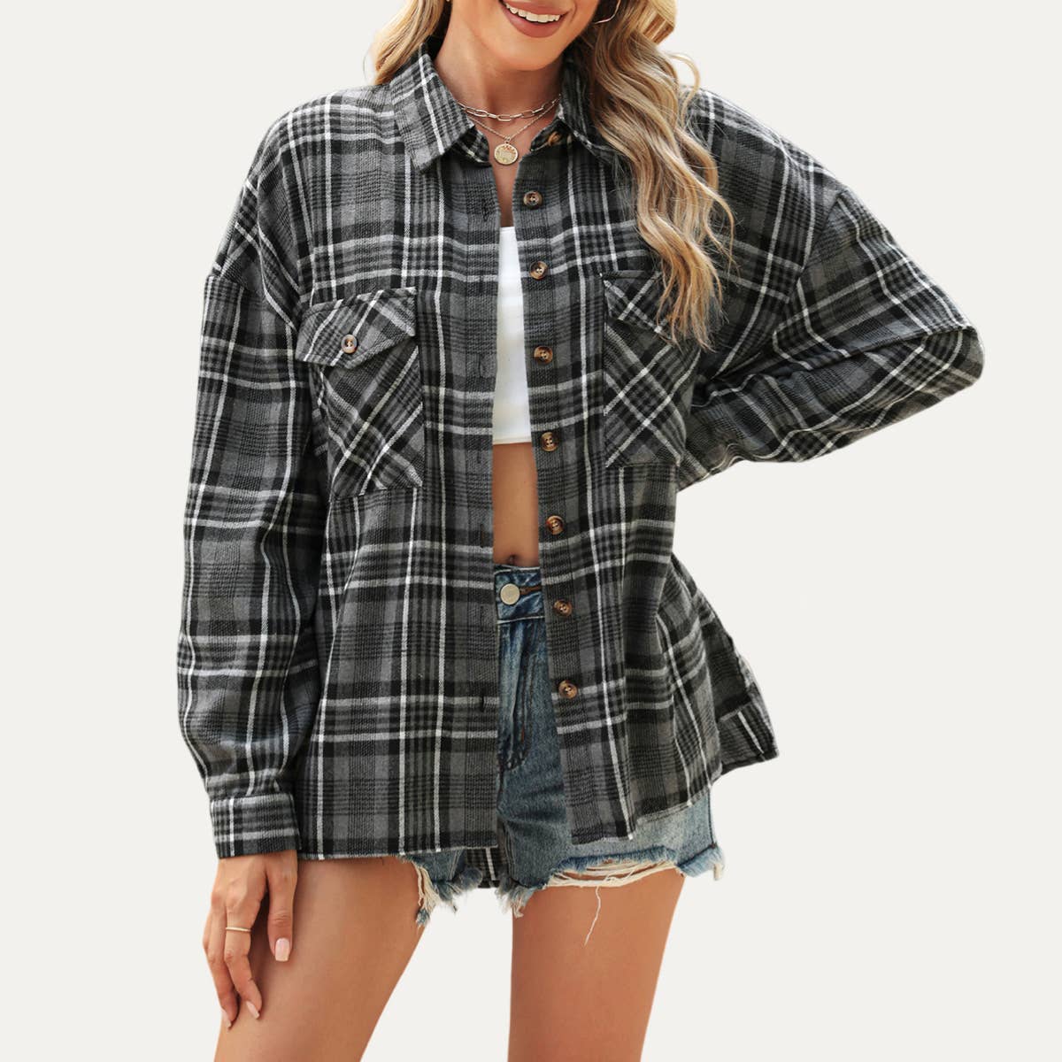 The Moment Collection – Engroshandel Skjorte med buttondown – til kvinder – Fall-Essential flerfarvet rutet langærmet skjorte0