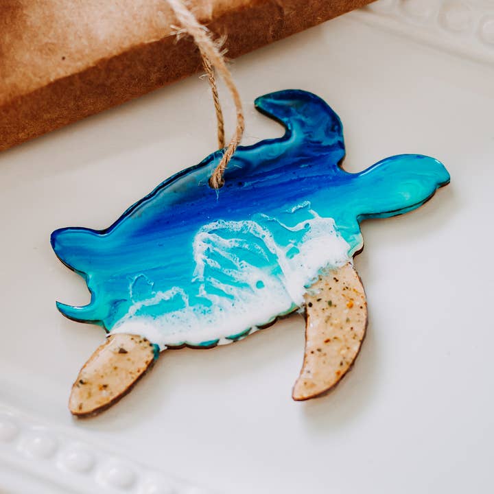 Sea Turtle Beach Resin Art Christmas Ornament for wholesale by WLB Designs