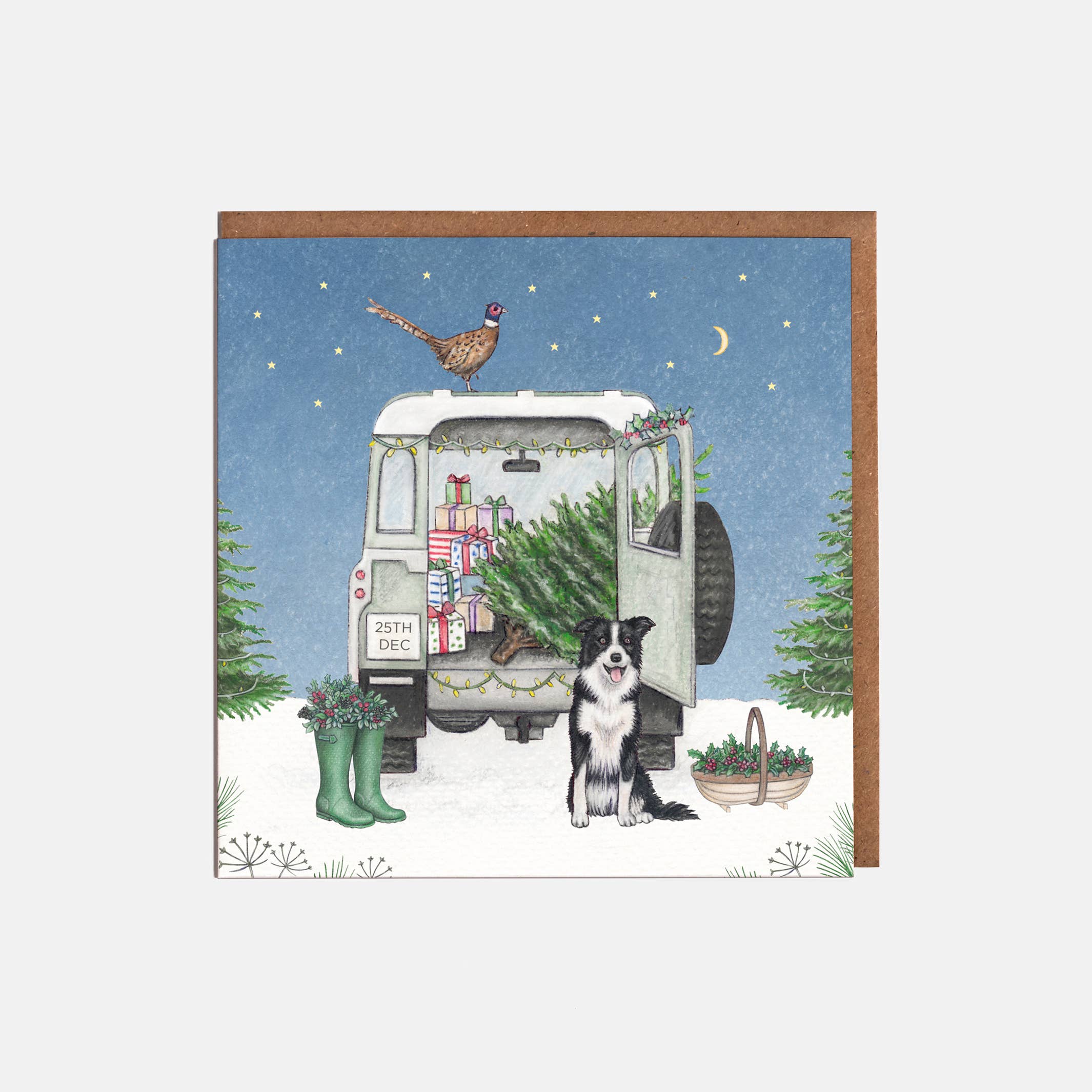 Lottie Murphy - Wholesale Christmas Card - Landrover & Collie Dog Christmas Card - Blank