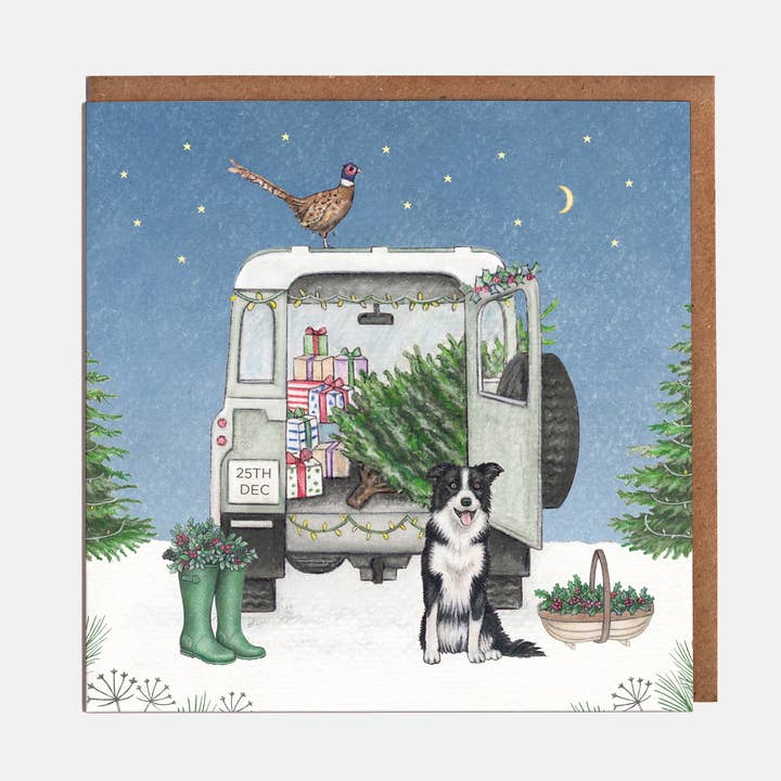 Landrover & Collie Dog Christmas Card - Blank for wholesale by Lottie Murphy