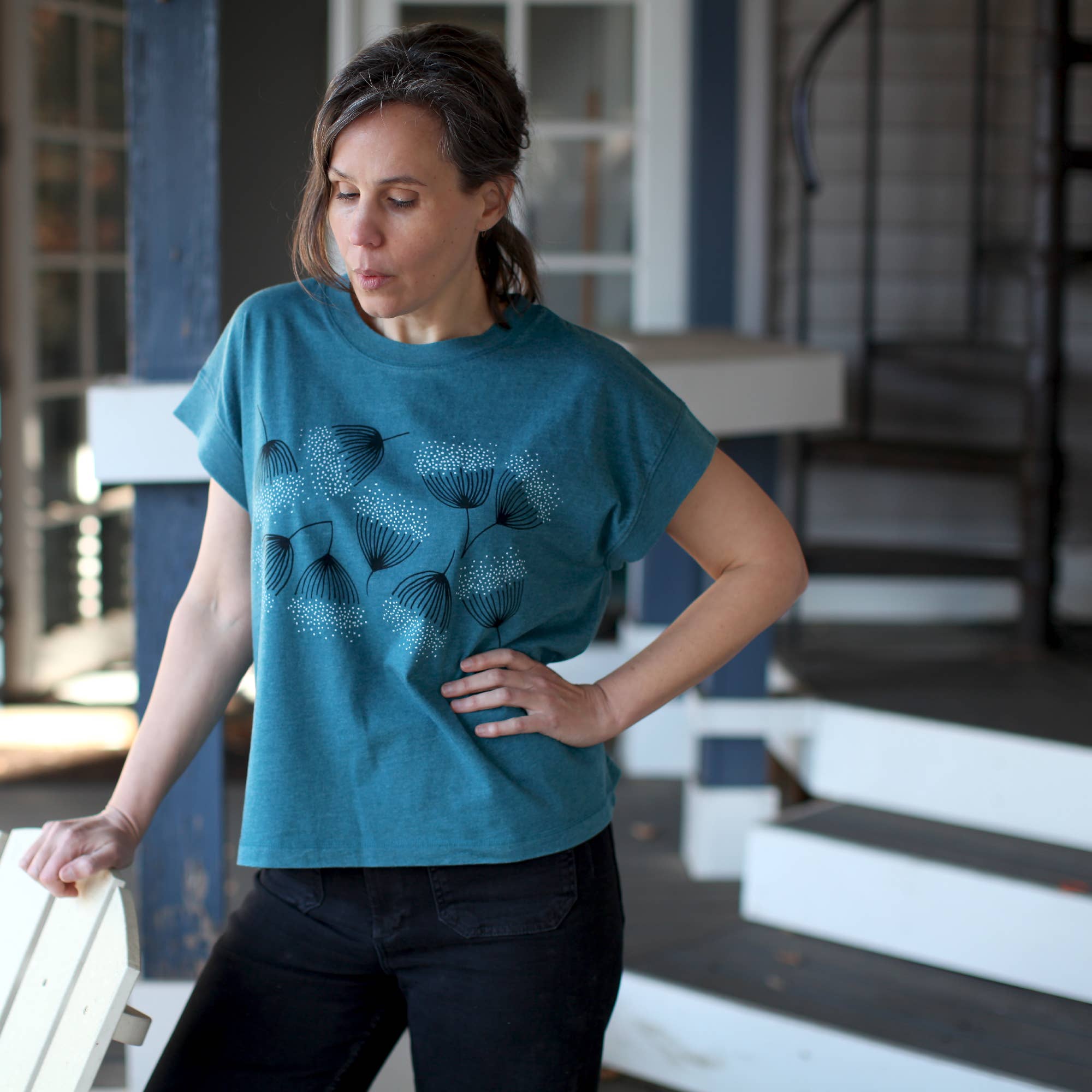 Blackbird Supply Co. - Wholesale Screen Printed T-Shirt - Women's - Eucalyptus Flowers Loose Fit Boxy Cap Sleeve Tee Deep Teal 1