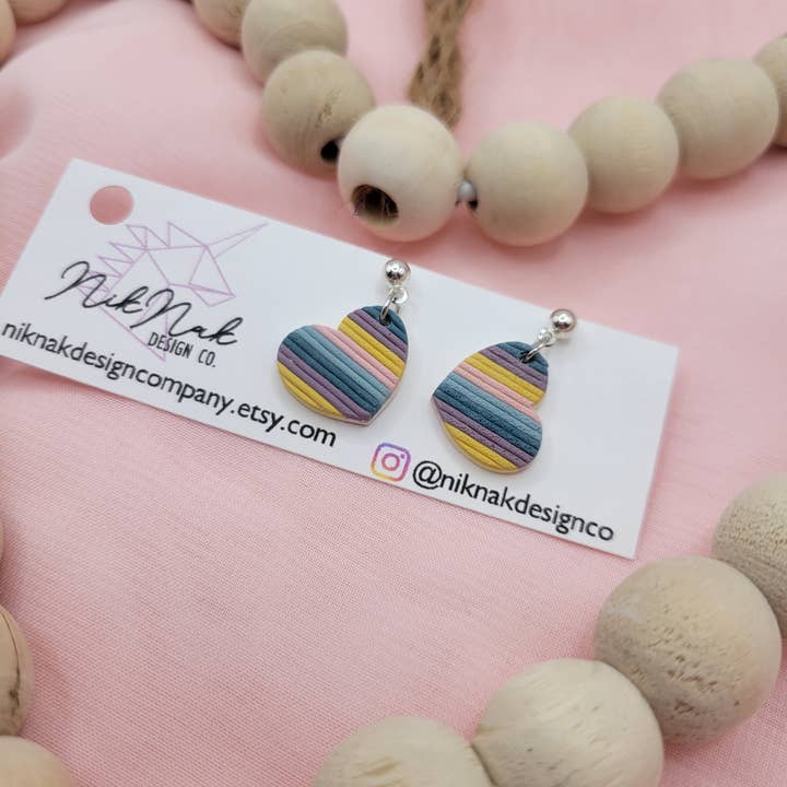 Striped Heart Dangle Earrings for wholesale by Nik Nak Design Co.