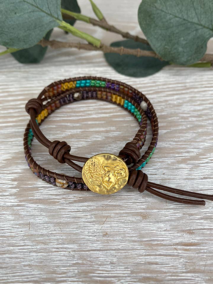 Double Wrap Leather Bracelet with Golden Mermaid Button for wholesale by Hazel Earth Design