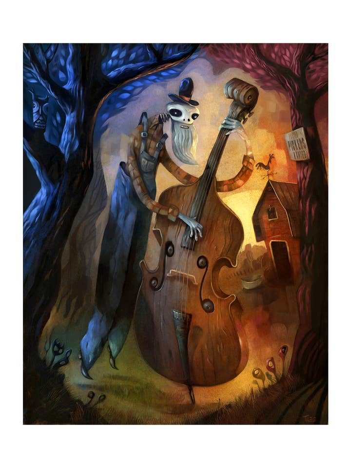 Done Gone, esqueleto a tocar baixo, impressão artística por atacado de TIM LEE RABBIT RUN STUDIOS