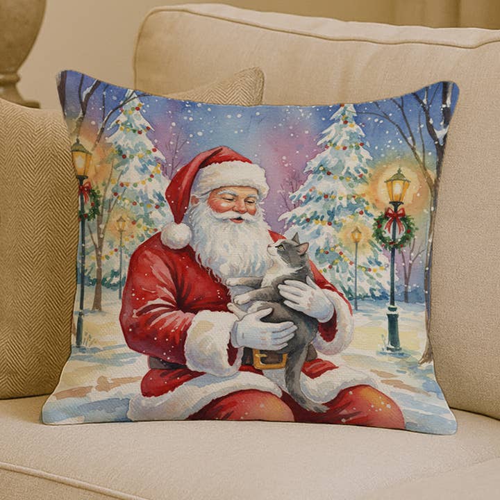 Chat gris et blanc avec coussin du Père Noël 14x14 FNT1121 pour la vente par Caroline's Treasures