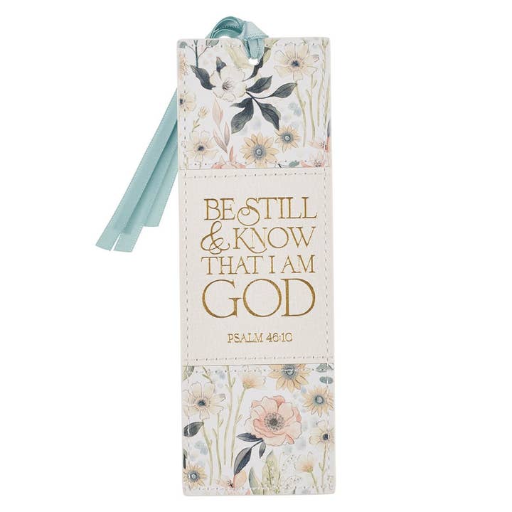 Bookmark Faux Leather White Be Still Ps. 46:10 for wholesale by Christian Art Gifts