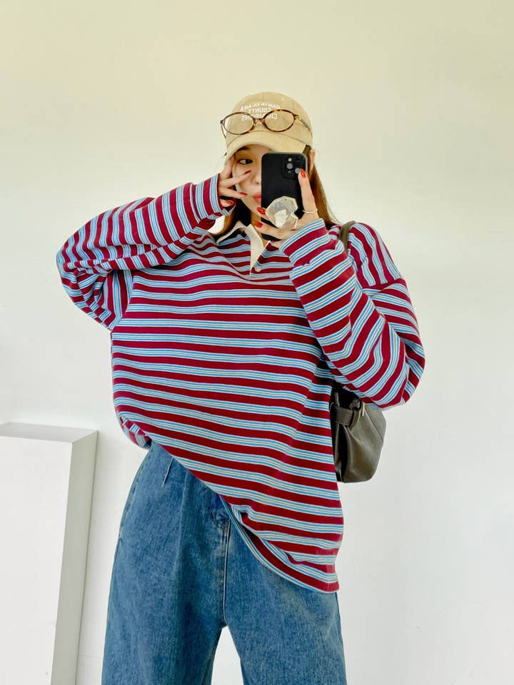 Classic Retro Stripe Collar Long Sleeve Tee for wholesale by Little Light