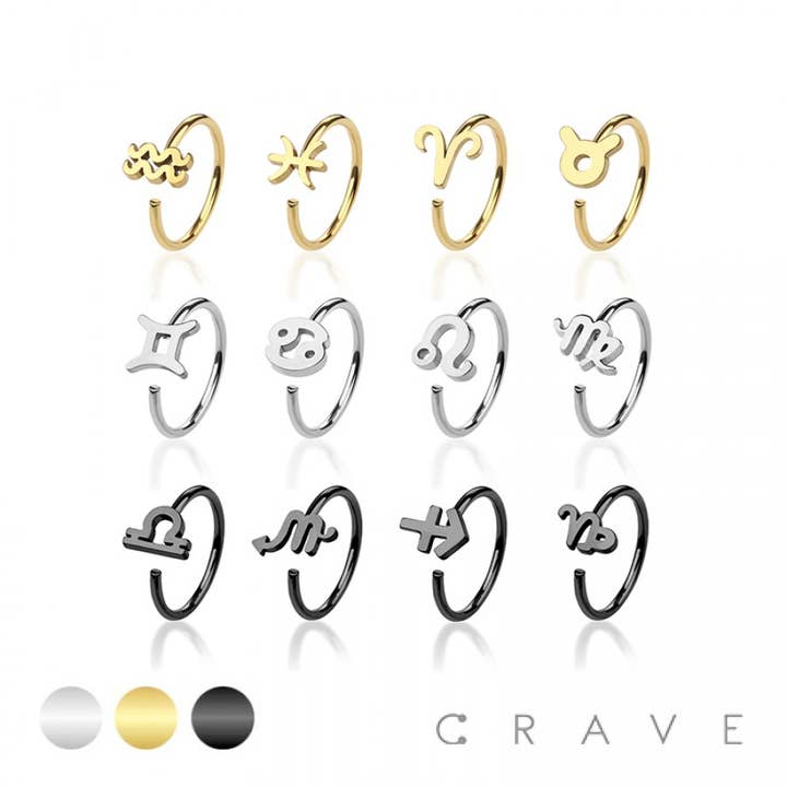 (HOROSCOPE) ZODIAC SYMBOL 316L SURGICAL STEEL NOSE HOOP RING for wholesale by CRAVE BODY JEWELRY