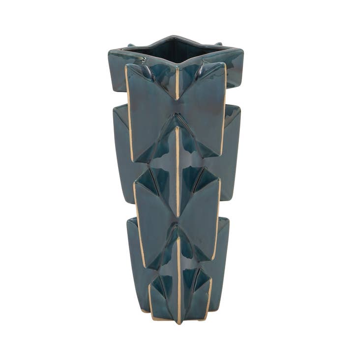 A-59794: CERAMIC ANGULAR BLUE & GOLD VASE 7"W, 15"H for wholesale by Import Corner