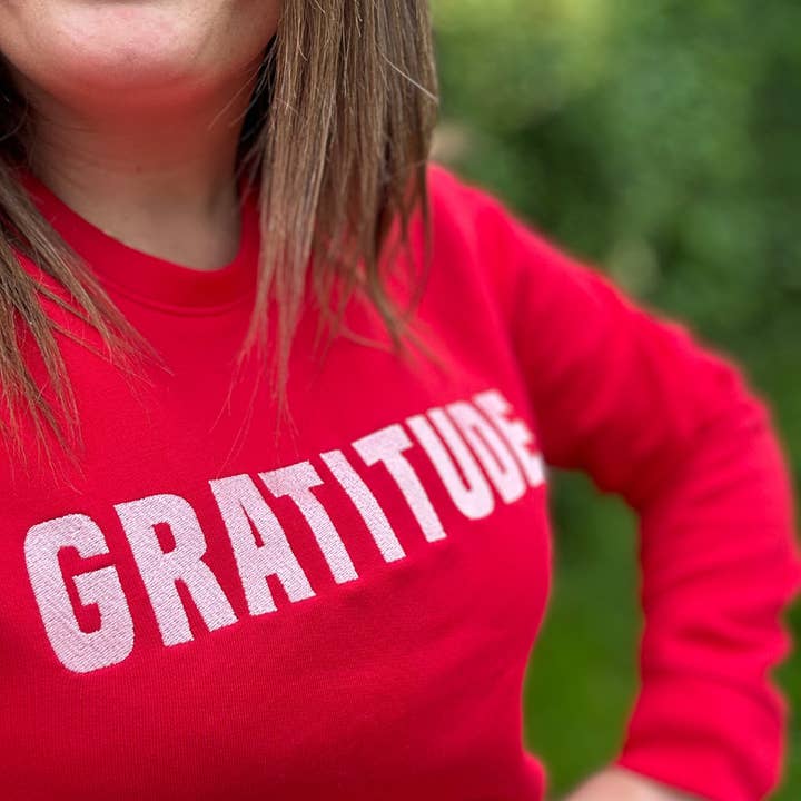 Percy and Nell Retail Limited – wholesale Sweatshirt – Women's – Premium Organic Embroidered 'Gratitude' Sweatshirt in Red2