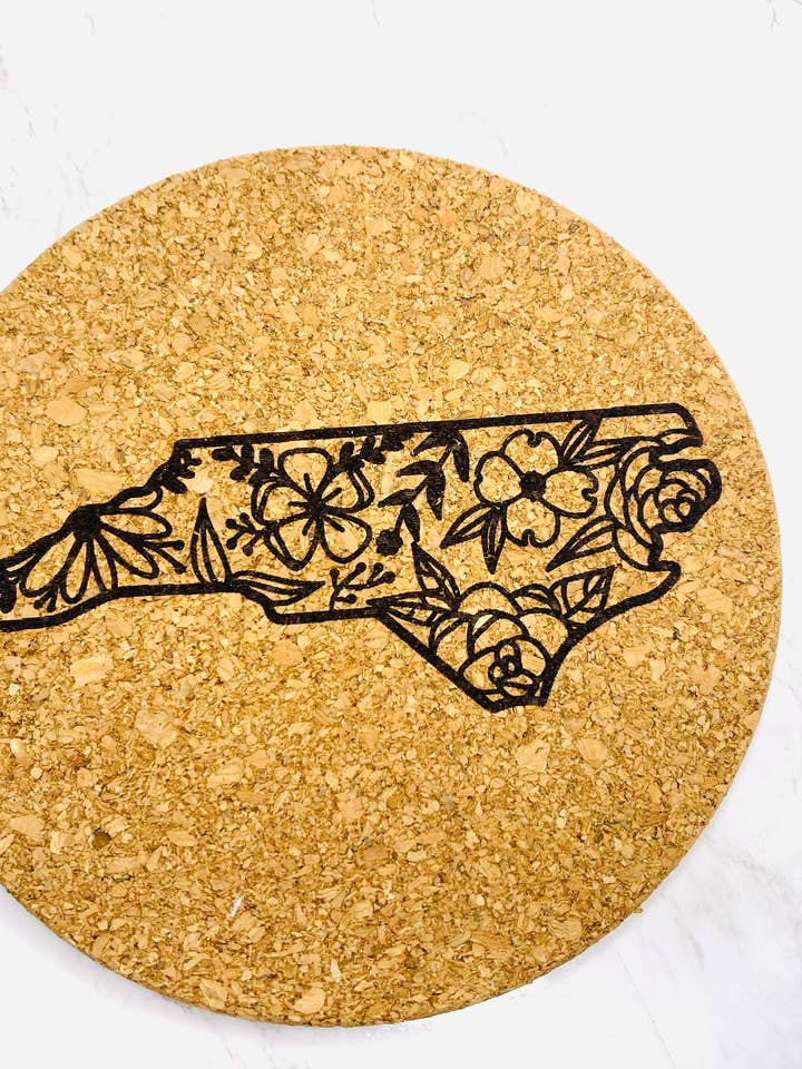 North Carolina Cork Trivet, Floral NC Decor for kitchen for wholesale by Falcon Ridge Designs LLC