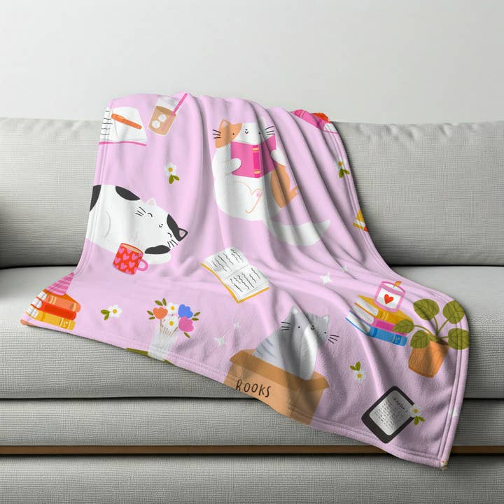 Cats and Books Velveteen Throw Blanket for wholesale by Sprinkles Studios