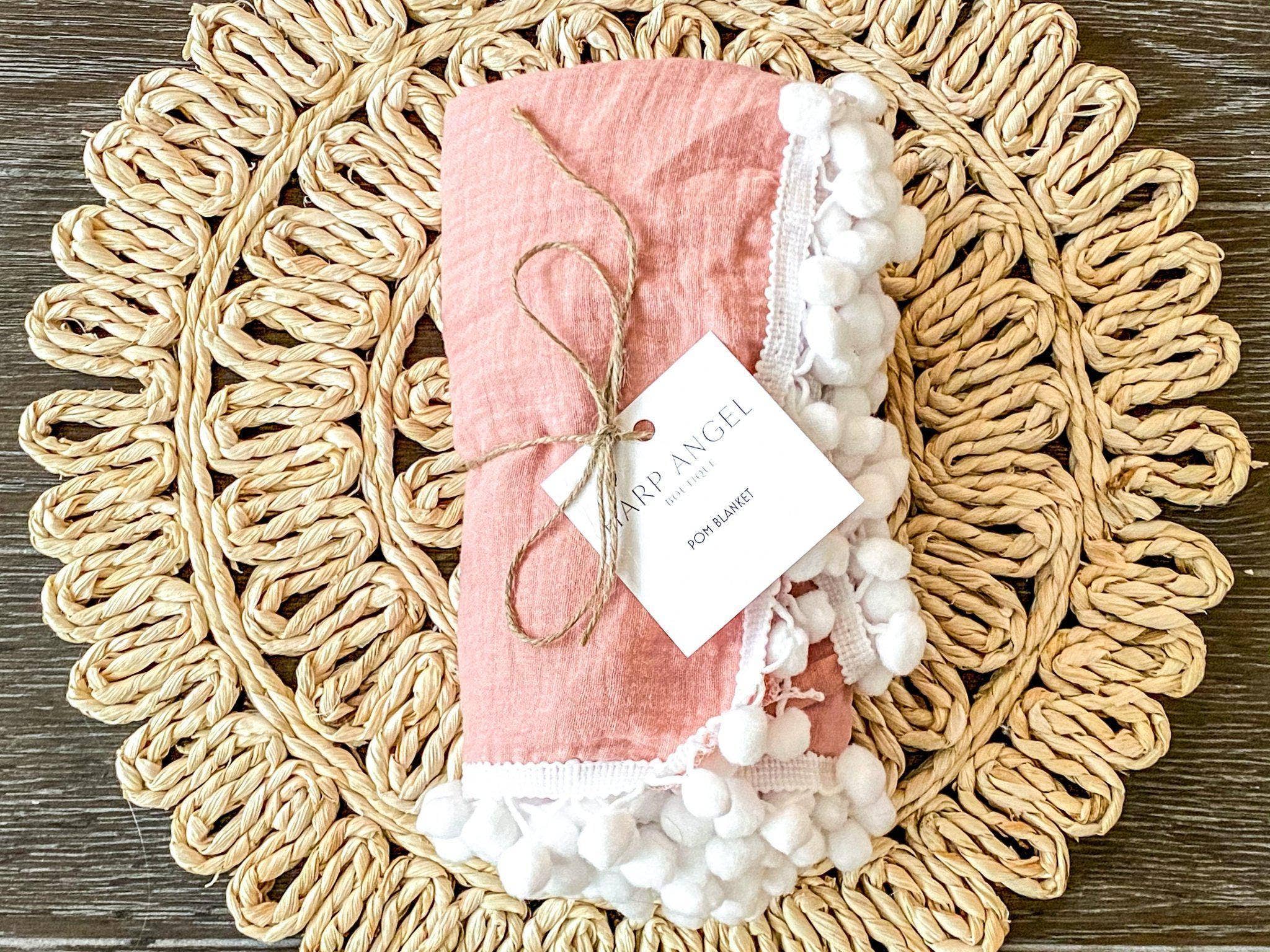 Harp Angel Boutique - Wholesale Swaddle - Baby - Dusty Pink Pom Muslin Swaddle Blanket5