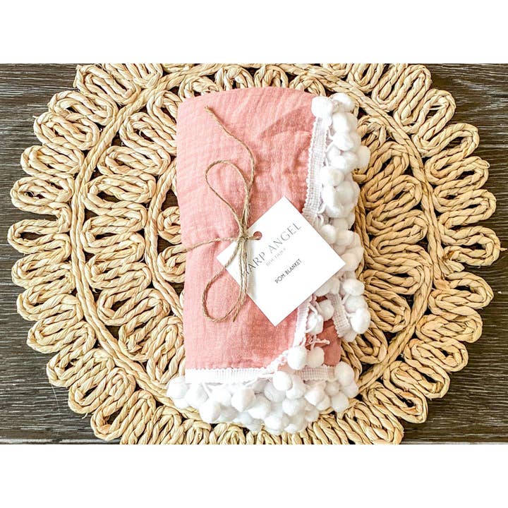 Harp Angel Boutique - Wholesale Swaddle - Baby - Dusty Pink Pom Muslin Swaddle Blanket5