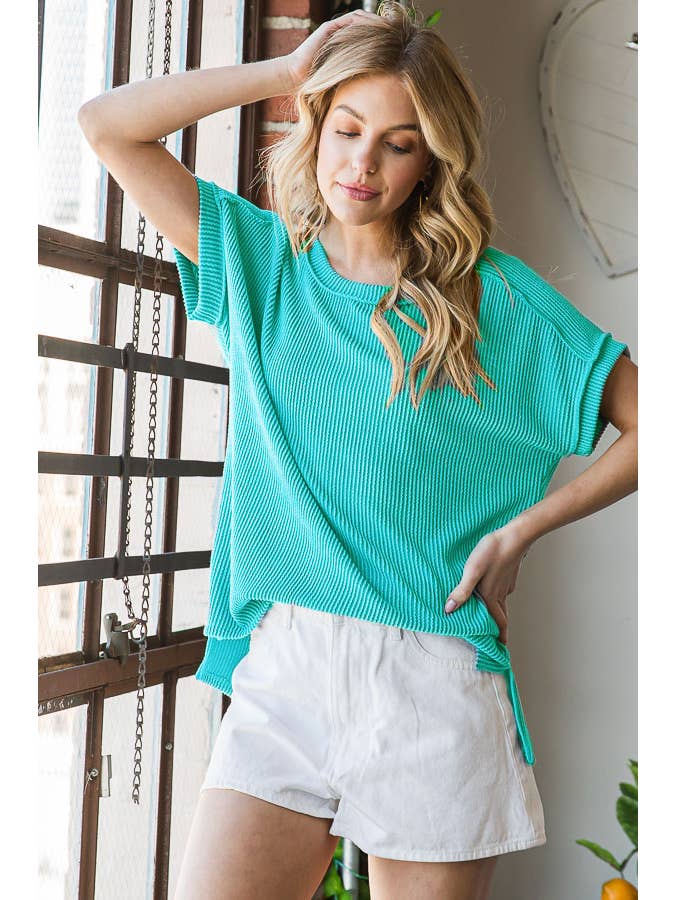 7th Ray - Venta al por mayor Túnica - Mujer - Top de manga corta con hombro caído, costilla sólida y abertura lateral T516020