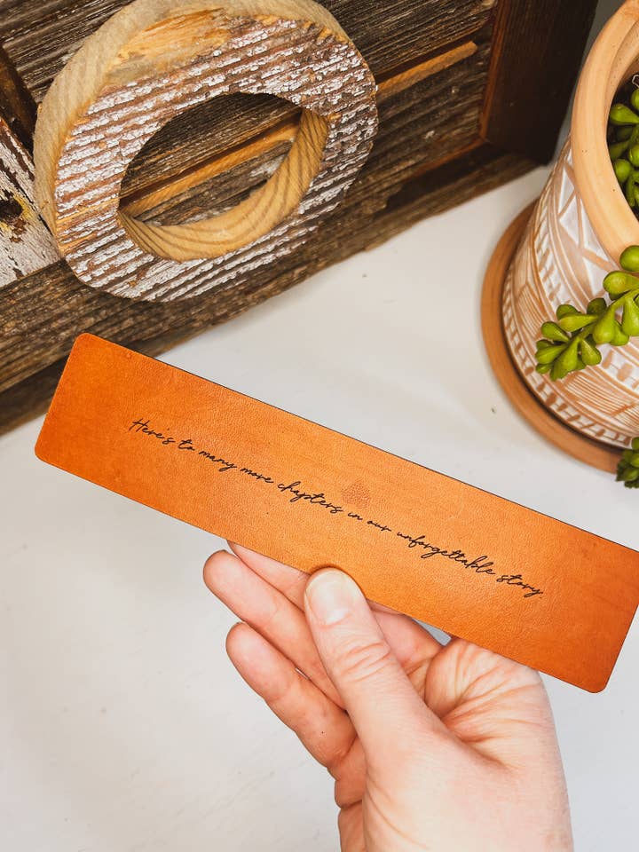 Leather Bookmark - Here's To Many More Chapters for wholesale by Left Grain