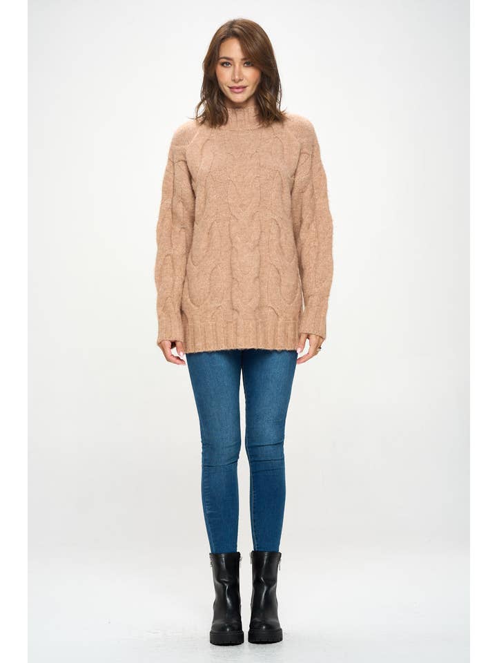 Taupe Turtleneck Long Sleeve Sweater with Braid Detail for wholesale on Faire