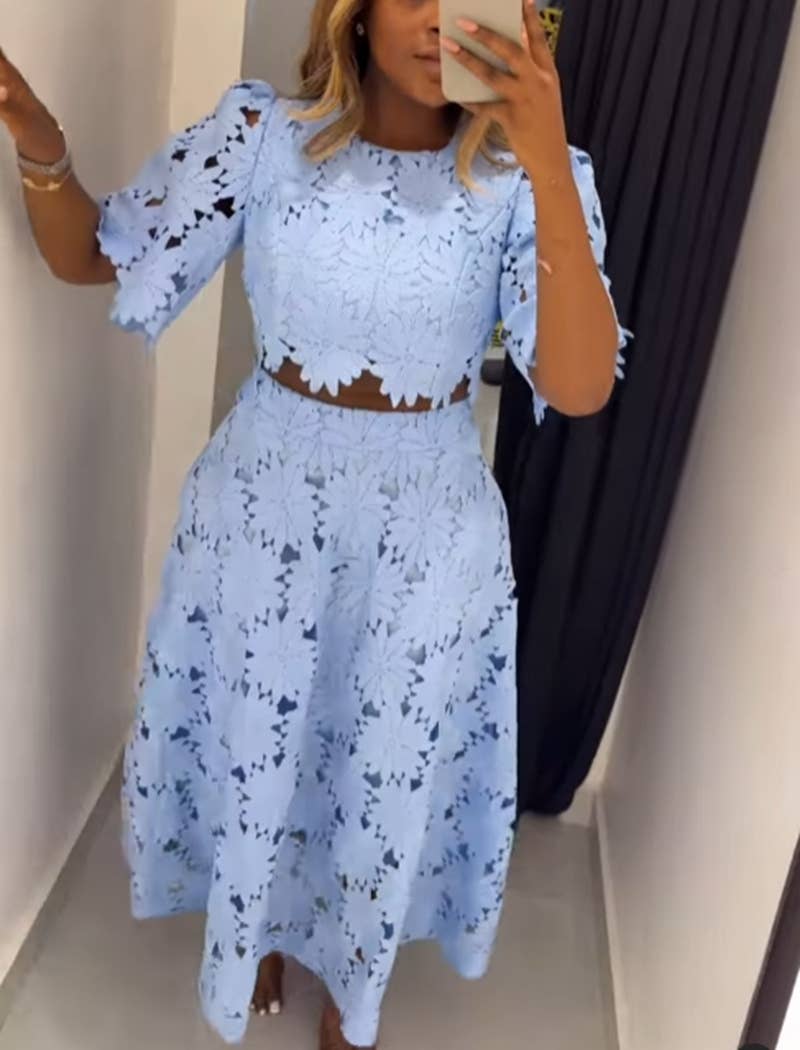 EmberLoom - Wholesale Top & Skirt Set - Women's - Floral Cut-Out Top and Midi Skirt Ensemble0