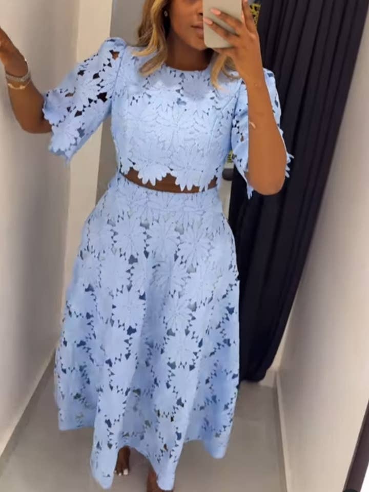 EmberLoom - Wholesale Top & Skirt Set - Women's - Floral Cut-Out Top and Midi Skirt Ensemble