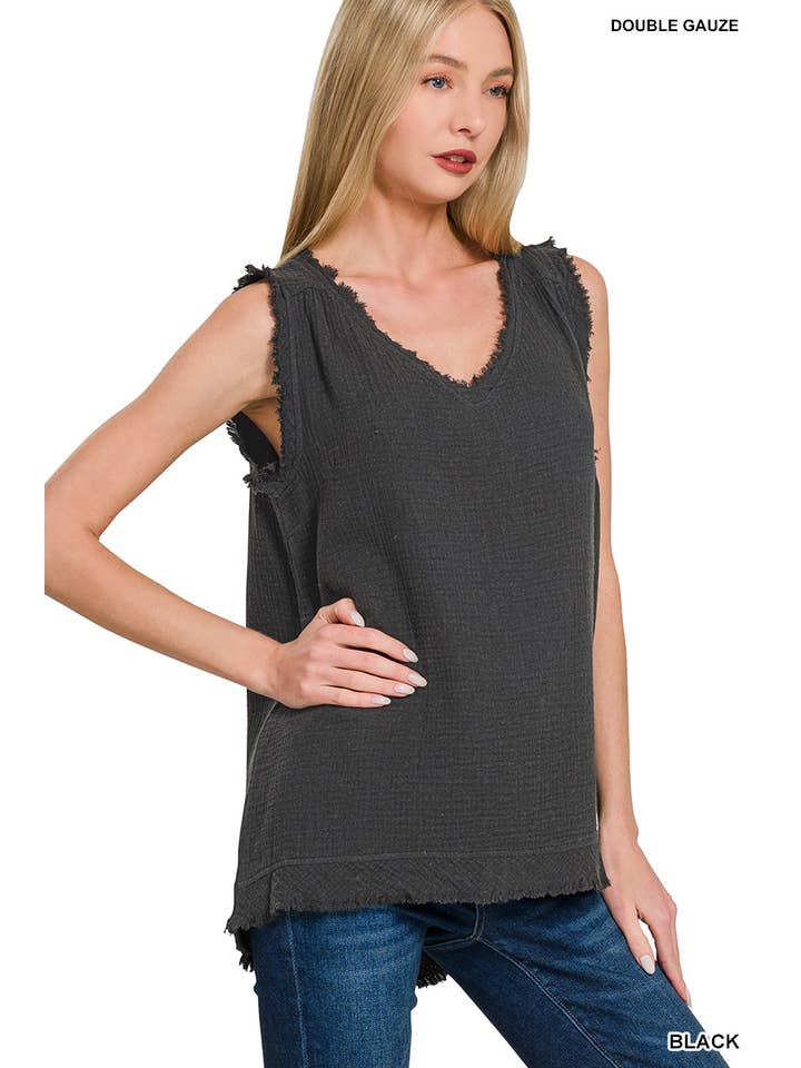 Vanilla Monkey - Wholesale Tank Top - Women's - Double Gauze Raw Edge V-neck Tank Top
