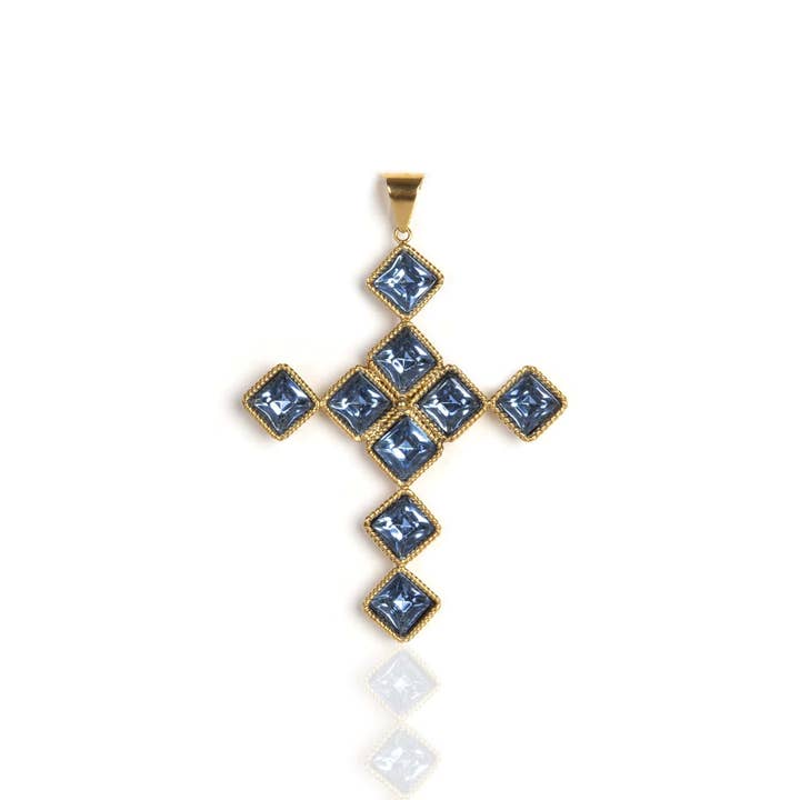 Brigid Cross of Kildare Charm Water Lt Sapphire - Gold for wholesale by VSA Designs Inc.