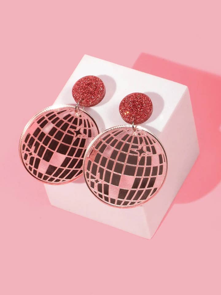 Pink Disco Ball Earrings, Mirrorball Earrings, Bachelorette for wholesale by threefourteen