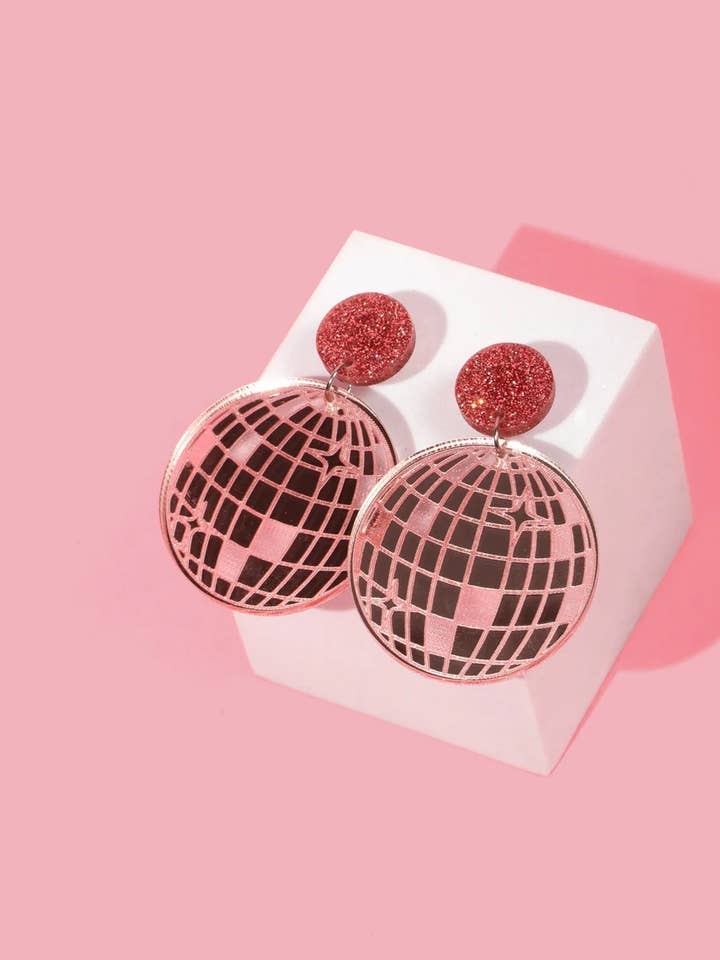 Pink Disco Ball Earrings, Mirrorball Earrings, Bachelorette for wholesale by threefourteen