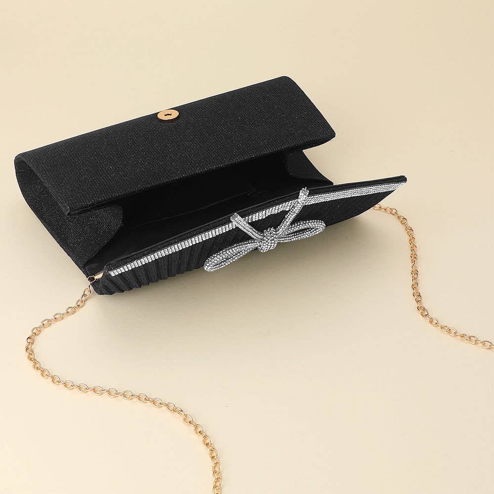 Sensibling Corp. - Wholesale Clutch Bag - Women's - Rhinestone Studded Bow Accent Pleated Evening Crossbody Clutch Bag3