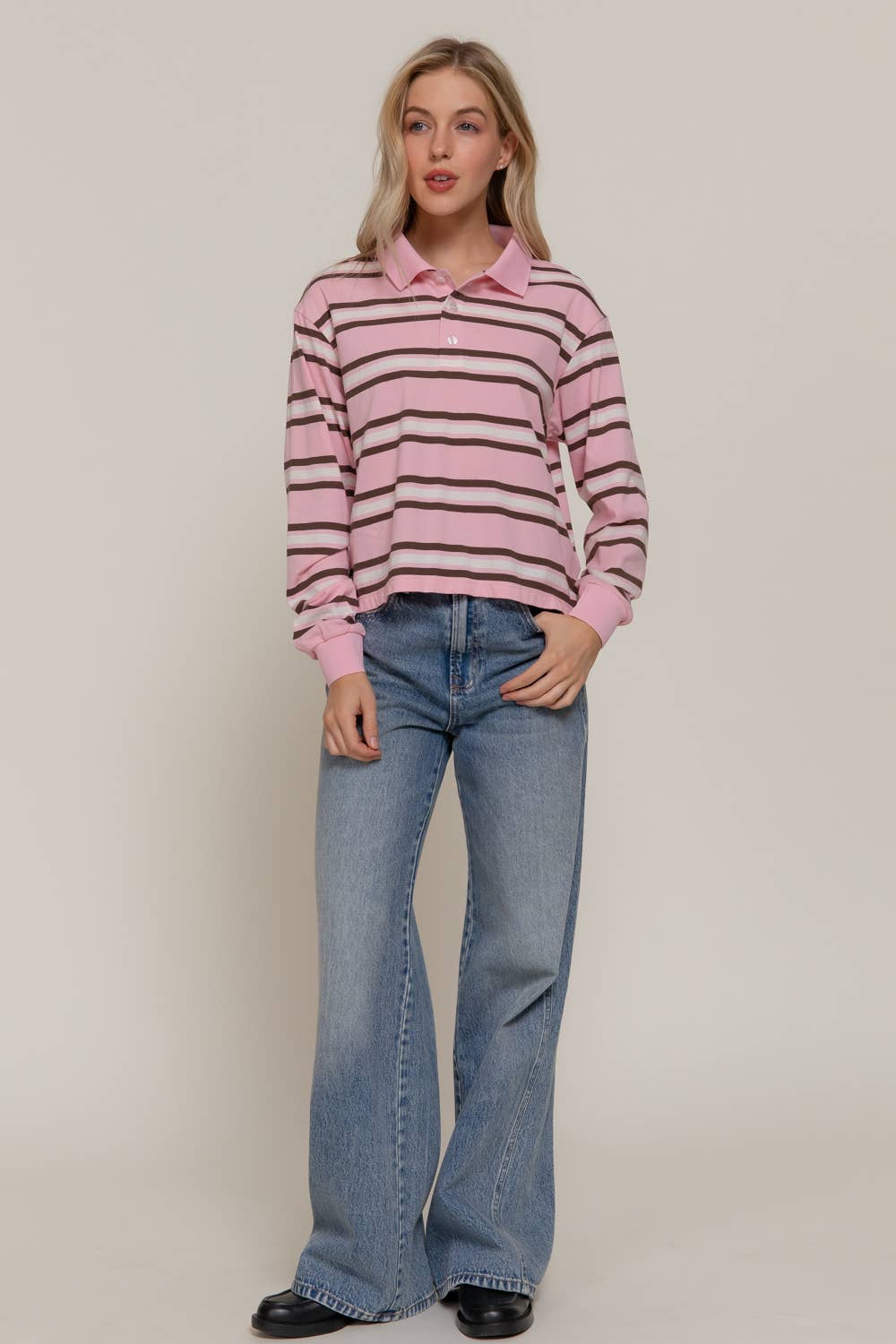 Active Basic | Active USA - Wholesale Polo - Women's - Long Sleeve Multi Stripe Polo Top15