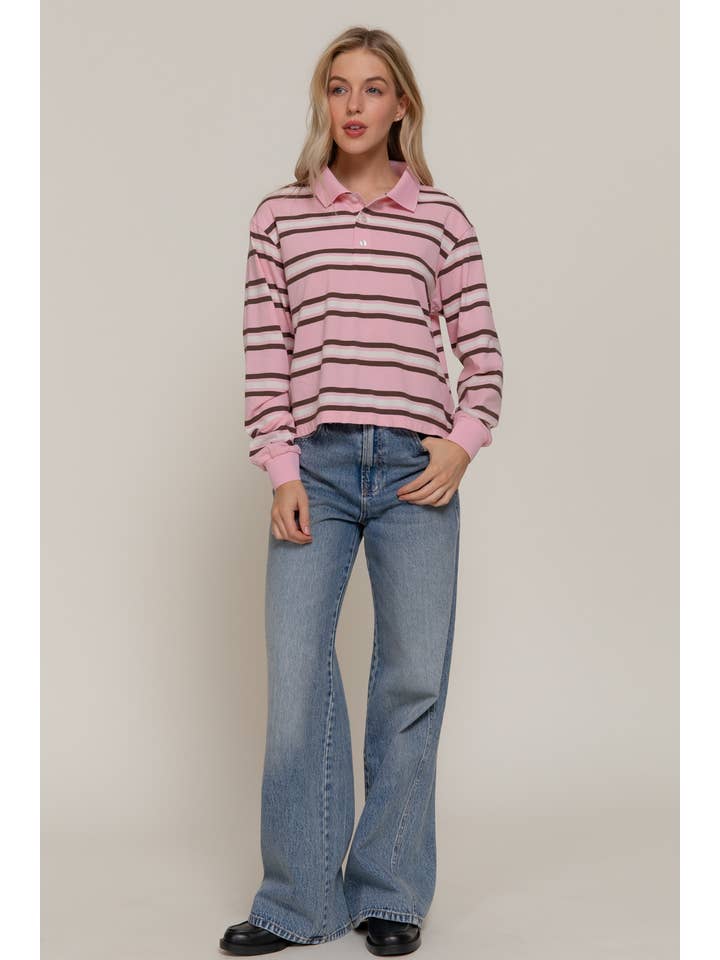 Active Basic | Active USA - Wholesale Polo - Women's - Long Sleeve Multi Stripe Polo Top15