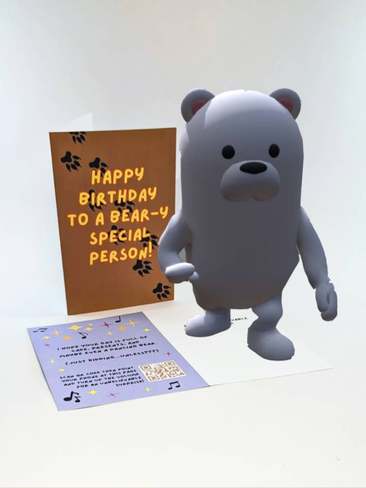 Carte de vœux joyeux anniversaire en forme d'ours en peluche dansant avec de la musique pour tous | Animation 3D, technologie de réalité augmentée | Carte de vœux de nouvelle génération unique, créative et amusante ! pour la vente par Live Invites