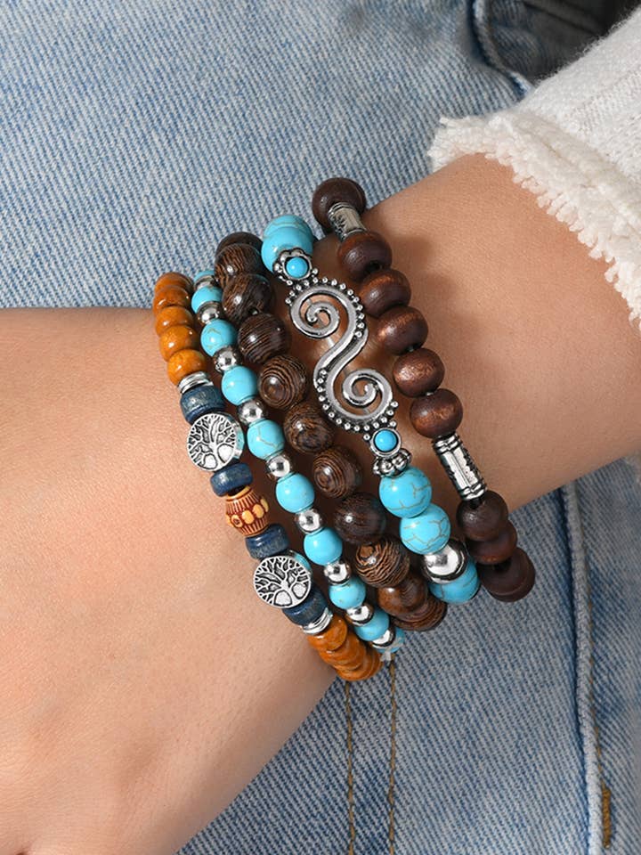 LDC Boho 5pcs Turquoise Wood Beaded Elastic Bracelet Set for wholesale by Little Daisy Closet