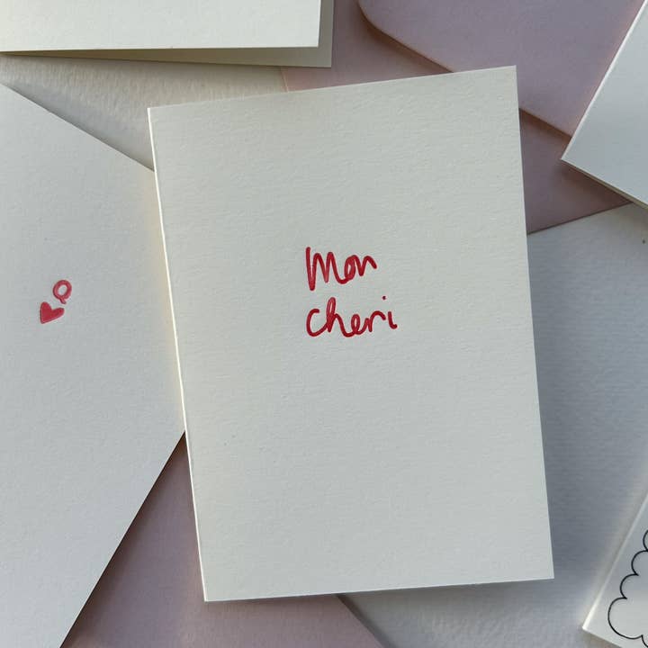 Hand Printed Romantic Card, Mon Cheri for wholesale by Twenty two east